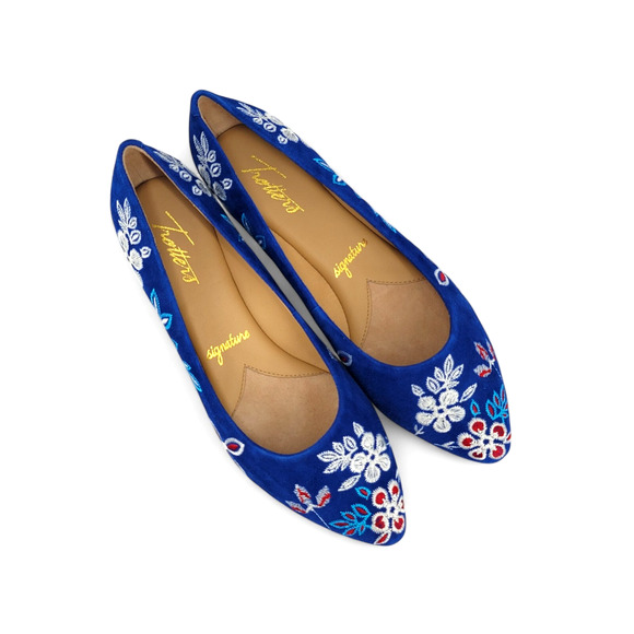 Trotters Estee Embroidered Suede Flats Blue Floral Leather Slip-On Ballet Shoes - Picture 2 of 6
